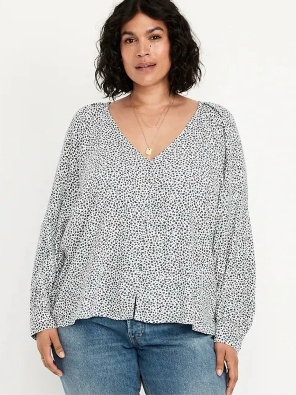 Old Navy White V-Neck Long Sleeve Dot Print Blouse Plus Size 2X